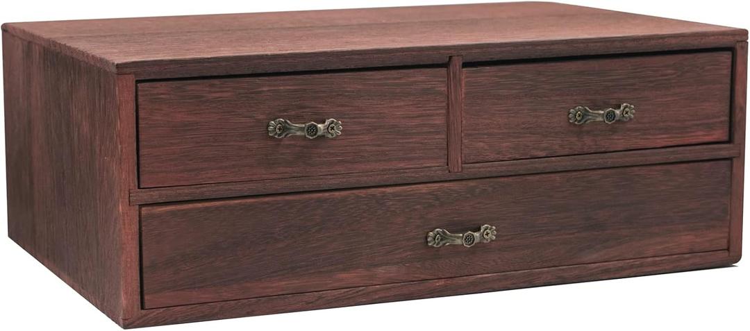 Wood Desktop Organizer Wooden Storage Cabinet with 3 Drawers Tabletop Counter Jewelry Storage Small Organization Box for Home Office Supplies (13 * 9 * 6in)