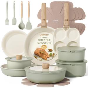 CAROTE 25 Pcs Pots and Pans Set Non Stick, Cookware Sets, Kitchen Set, Oven/Dishwasher/Fridge Safe, Space Saving Pots Set, Nonstick Set with Versatile Detachable Handle, Induction RV Set, Green