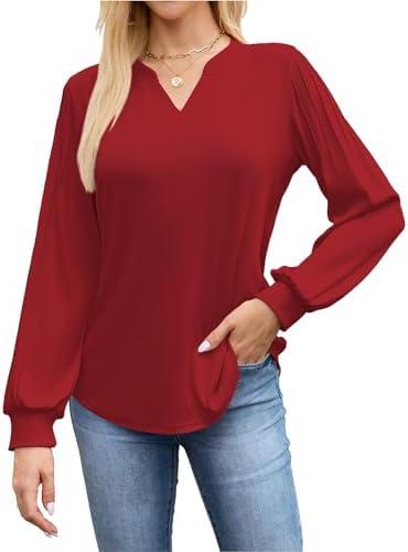 ALFYRCFT Long Sleeve Shirts for Women V Neck Pleated Puff Sleeve Tunic Tops Dressy Casual Work Loose Blouses 2025 Fall M