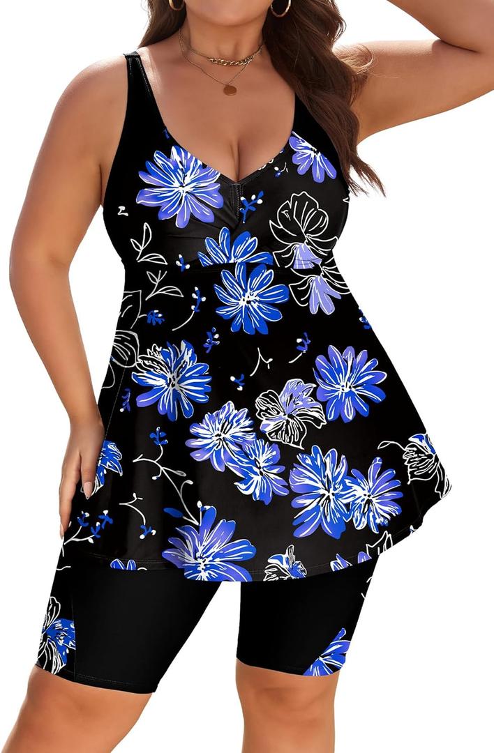 Arolina Plus Size Swimsuit for Women Two Piece Modest Tankini Full Coverage Tummy Control Bathing Suits with Shorts (Purple Floral), Size: 22 Plus