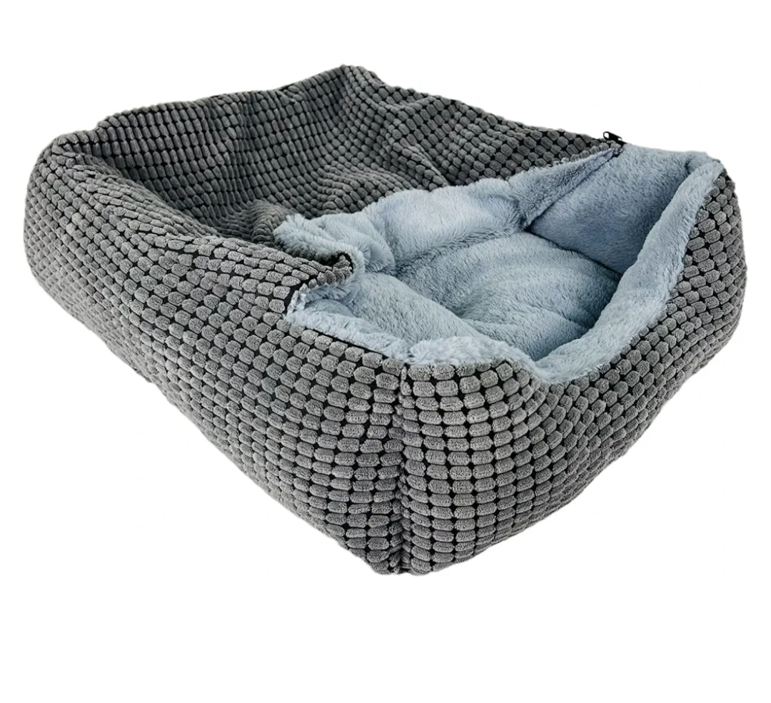 Dog Beds for Up to 58 lbs Dogs, Extra-Large Rectangle Puppy Beds Featuring Cave Hooded Blanket & Non-Slip Bottom, Comfy Anti-Anxiety Pet Beds, Warm and Machine Washable (35 inches, Grey)