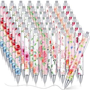 Cholemy 48 Pieces Flower Pens Bulk Spring Floral Ballpoint Pens Colorful Floral Retractable Black Ink for Women Spring Flower Writing Journaling Gifts Office Supplies