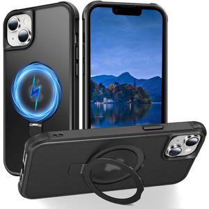 Hocase for iPhone 14/13 Case 6.1", with Magnetic Ring Stand [Compatible with MagSafe] [Military Grade Protection] Slim Shockproof Translucent Protective Phone Case - Black