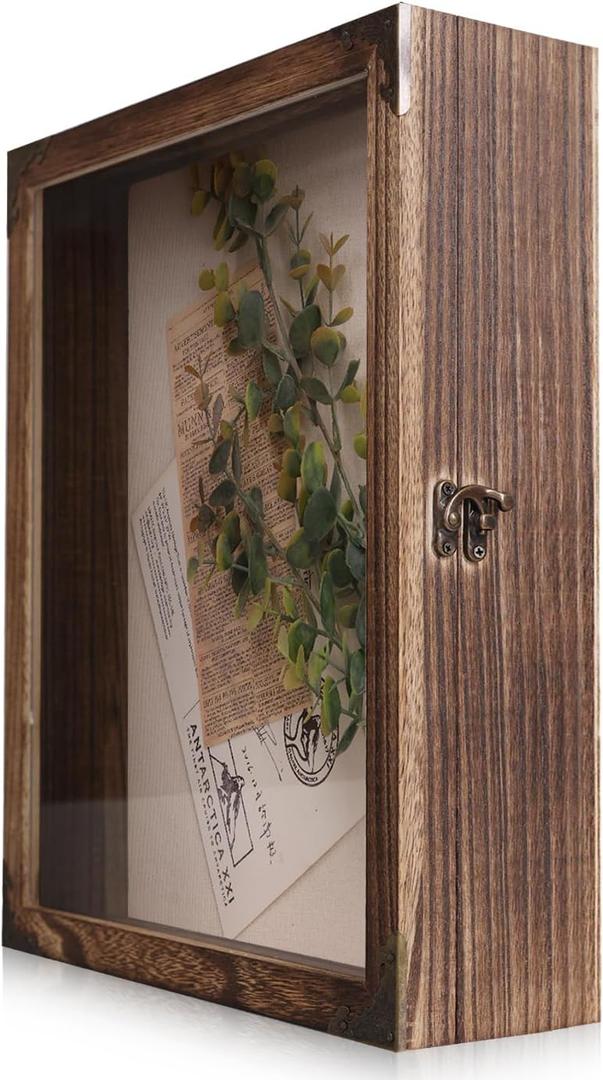 Shadow Box Frame 11x14 with Retro Metal Accents and Lock, Solid Wood Acrylic Door Display Case with Linen Back, 10 Stick Pins, and 2.7-Inch Depth for Photos, Medals, and Memorabilia (Medium)