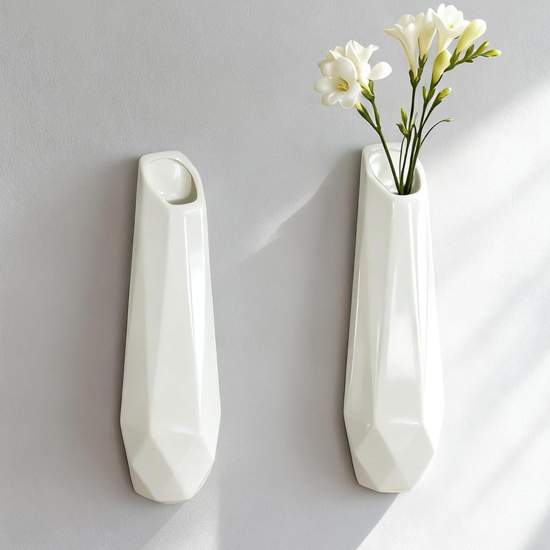 2 Pack GDSZJLJ Scandinavian Wall Ceramic Vase, White Hanging Wall Vase for Flowers, Minimalist Decor for Living Room, Bedroom & Bathroom (Large)