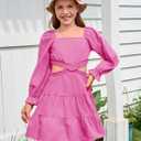 Haloumoning Girls Dresses Long Sleeve Square Neck Crossover Waist Casual A-Line Spring Fall Dress 5-14Y