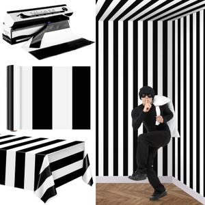 100 Ft x 54 Inch Black & White Striped Tablecloth Roll with Cutter Box Disposable Halloween Plastic Tablecloth Cut to Size Table Cover Backdrop for Halloween Backdrop Stage Party Supplies