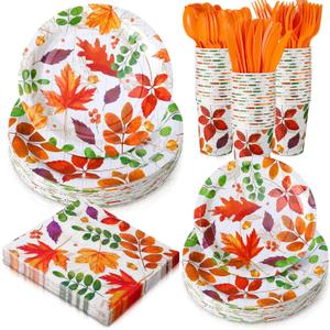 Yungyan 252 Pcs Thanksgiving Paper Plates and Napkins Set Disposable Fall Autumn Maple Leaf Party Plates Cups Paper Napkins Knives Spoons Forks for Thanksgiving Fall Harvest Party Supply Serves 36