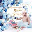 MEHOFOND 7x5ft Happy Birthday Backdrop Blue and White Flowers Bday Photography Background Girls Geometric Gold Glitter Dots Birthday Floral Party Decorations Cake Smash Decor Studio Photo Props