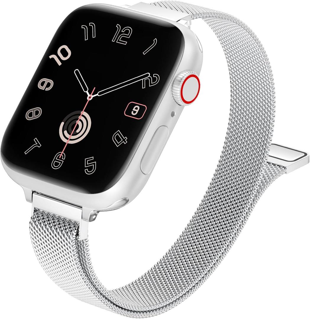 MARGE PLUS Slim Milanese Loop Compatible with Apple Watch Band for women 41mm 40mm 38mm 42mm 46mm 45mm 44mm, Stainless Steel Magnetic Mesh Strap work on iWatch Series 11 10 9 8 7 6 5 4 3 & SE 3 2 1 (silver)