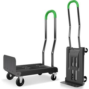 2-in-1 Convertible Hand Truck Dolly, 330LBS Capacity, 4-Wheel & 2-Wheel Modes, One-Button Switch, Foldable Lightweight Cart with Solid Rubber Wheels, Easy Assembly, Black & Dill Green