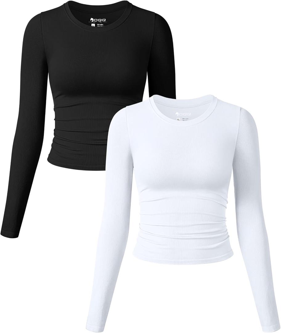 OQQ Womens 2 Piece Shirts Long Sleeve Crew Neck Ruched Stretch Basic Fitted Tee Shirts Tops (Medium, Black, White)