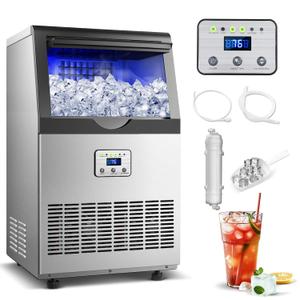Commercial Ice Maker, 110lbs/24H Ice Maker Machine, Auto Self-Cleaning, LED Digital Display, Blue Light, Under Counter/Freestanding Ice Machine for Home/Office/Restaurant/Bar