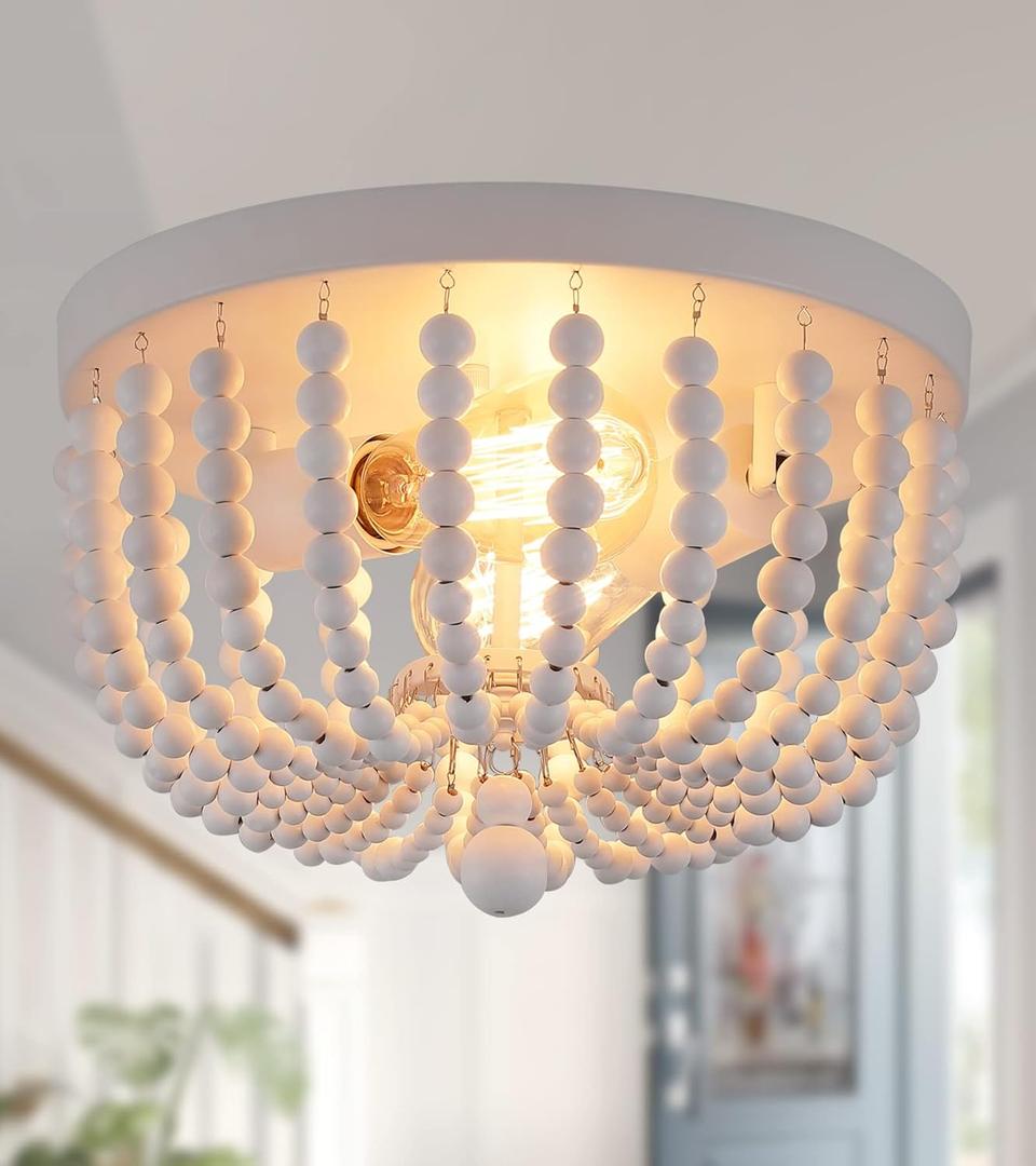 Q&S White Flush Mount Ceiling Light Fixtures,2-Lights Wood Beaded Boho Chandeliers for Nursery Baby Bedroom Dining Room Living Room Kitchen Hallway W11.81 (2-Lights White)