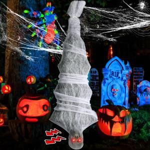 Halloween Decorations, 72 Inch Hanging Cocoon Corpse Props with Lighted LED Red Eyes and Spooky Sound Effect, Scary Halloween Party Decorations for Outdoor Garden Lawn Indoor