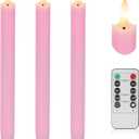 Pink Flameless Taper Candles with Rmote, 9.6" Real Wax Battery Operated Candles with 3D Wick, 3 Pack Led Candles Flickering Candlesticks, Electric Candles for Home, Wedding, Party Decor