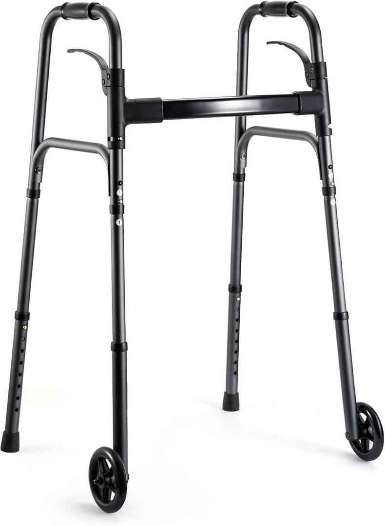 Careboda Lightweight Folding Walker with 5" Wheels, Portable Medical Walker with Adjustable Height and Trigger Release for Seniors and Adults, Aluminum Frame Supports up to 300 lbs, Charcoal Grey