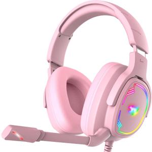 Gaming Headset for PC/PS4/PS5/Xbox One/Switch, Stereo Surround Sound Gaming Headphones with Noise Canceling Flexible Mic, Computer Headset with 3.5mm Jack & RGB Light (Pink)