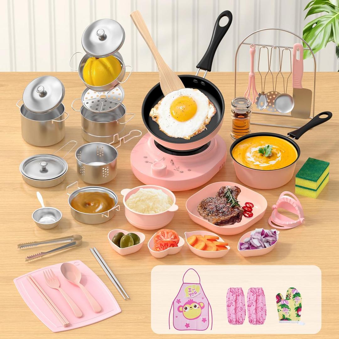 Kids Cooking Set Real for Ages 8-12, Real Montessori Mini Kitchen Tools with Stove Burner & Safe Knife, Easy Educational Cooking Toys for Boys & Girls Beginner Pink
