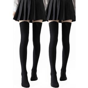 Women's Thigh High Socks - Over The Knee, Cable Knit Warm Boot Socks, Stretchy Cotton Blend Long Sock for Women (7, Black Black)