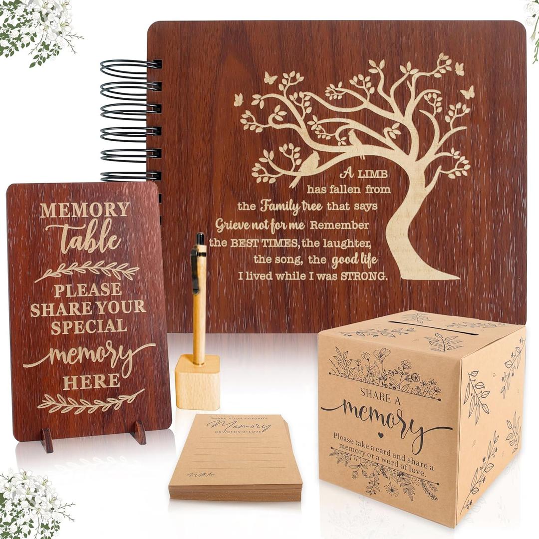 Funeral Guest Book Set Wooden Guest Books for Memorial Service Celebration of Life in Loving Memory with 50pcs Share a Memory Card Cards Box Table Sign and Pen (Brown- Guest Book Set #2)