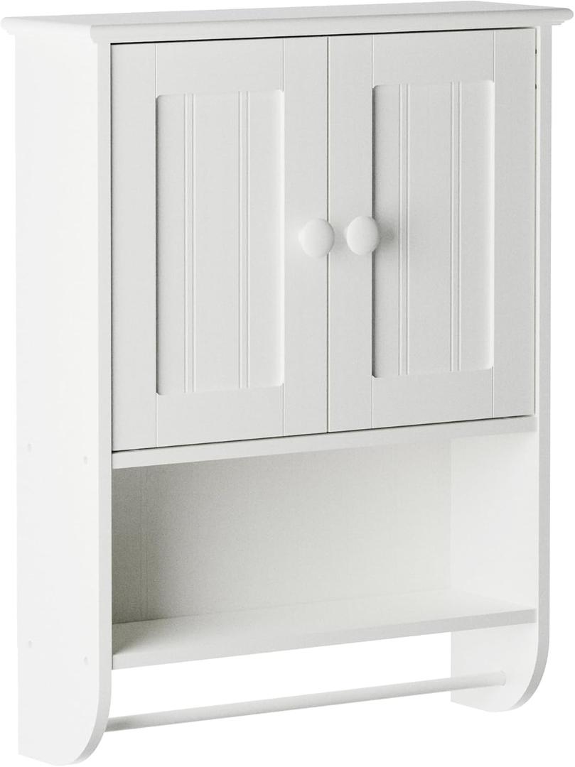 Zenna Home Cottage Bathroom Wall Cabinet, with 2 Shelves and 2 Doors, 19" W x 25.6" H, Storage Cabinet with Towel Bar, White