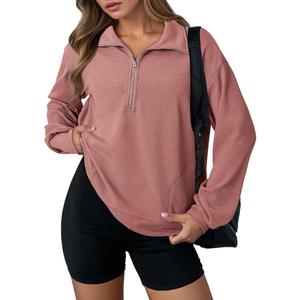 Dokotoo Womens Sweatshirt Waffle Knit Long Sleeve Lapel Half Zip Up Casual Lightweight Soft Sweatshirts Loose Pullover Tops (Pink, XL)