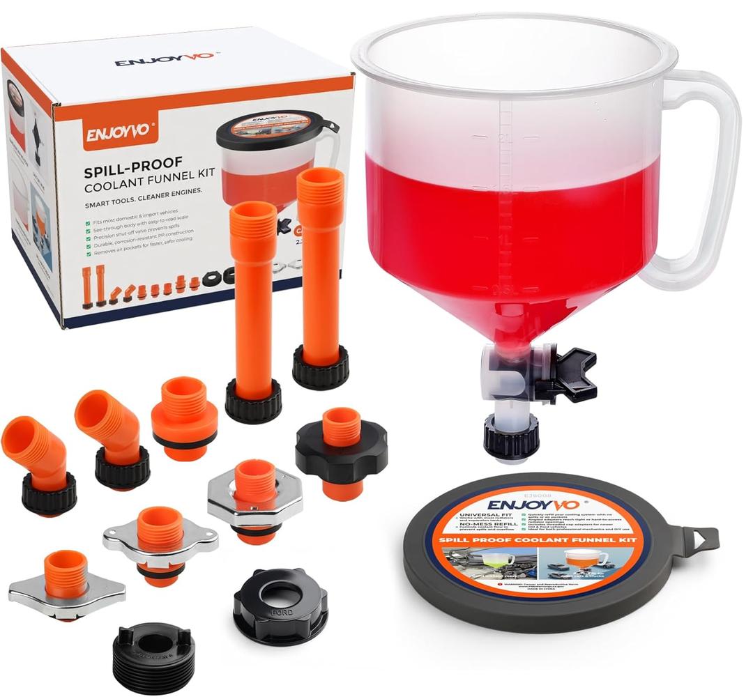 No-Spill Coolant Funnel Kit 15-Piece Radiator Burping Funnel with Rotary Shut-Off Valve, GM & Ford Threaded Adapters, Extensions, 45 Elbows for Universal Cars & Trucks Cooling System Air Bleeding