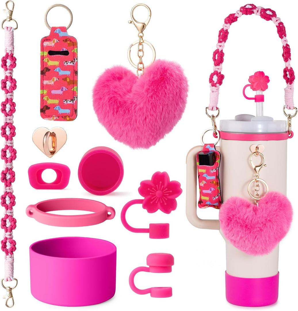 Stanley Cup AccessoriesI Bottle Handle Carrier Strap,Silicone Cup Boot, Lipstick Holder, Straw Topper & Spill Stopper Cute Decorative Charms, Accessories for Stanley Cup 40oz/30oz Decor (Hot Pink)