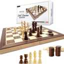 Wooden Checkers & Chess Set  15 Inch Large Folding Board Game, 2-in-1 Classic Checkers and Chess for Kids & Adults, Travel-Friendly, Premium Wood Pieces, Family & Strategy Game Gift