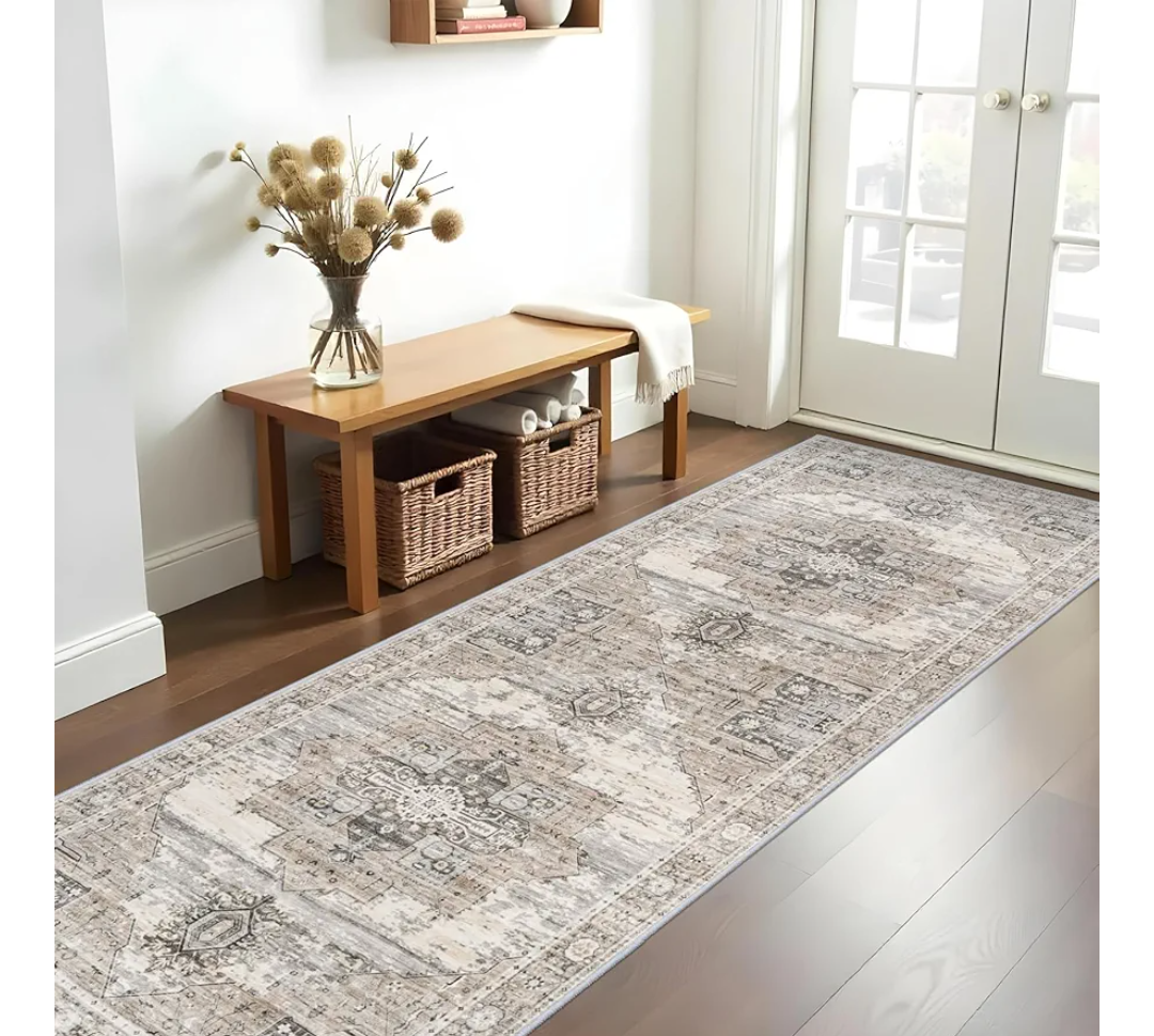 RUUGME Washable Runner Rug 3x10 - Vintage Hallway Carpet Runner for Living Room Kitchen Stain Resistant Rugs Tribal Carpets with Non Slip Backing Floor Decoration Mat for Bedroom Bathroom 3x10 Beige