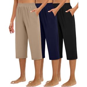 Huukeay 3 Pack Women's Capri Sweatpants, Cozy Wide Legs Cropped Capri with Pockets, Lounge Jogger Pants Workout Yoga Solid (XX-Large, Black, Navy Blue, Khaki)