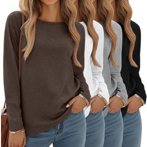 4 Pack Women' Long Sleeve Shirts Tops Casual Loose Fit Crew Neck Basic Tee Fashionable Workout Layer Fall Outfit (Large, Black, White, Gray, Brown)
