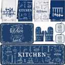 10 Pcs Farmhouse Kitchen Decor Set 4 Navy Blue Kitchen Dish Towels 2 Blue and White Pot Holders 2 Oven Mitts 2 Rustic Rugs Mats for Floor for Home Decorations Cooking Baking Mom Gifts Accessories