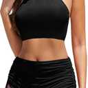 Women High Waisted Shorts Bikini Sets Tummy Control Swimsuit Two Piece Halter Drawstring Bathing Suit, Black, XL 