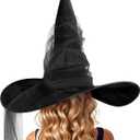 MCJC Witch Hat, Black Sparkle Tulle, Wide Brim,Halloween Costume Party Accessory