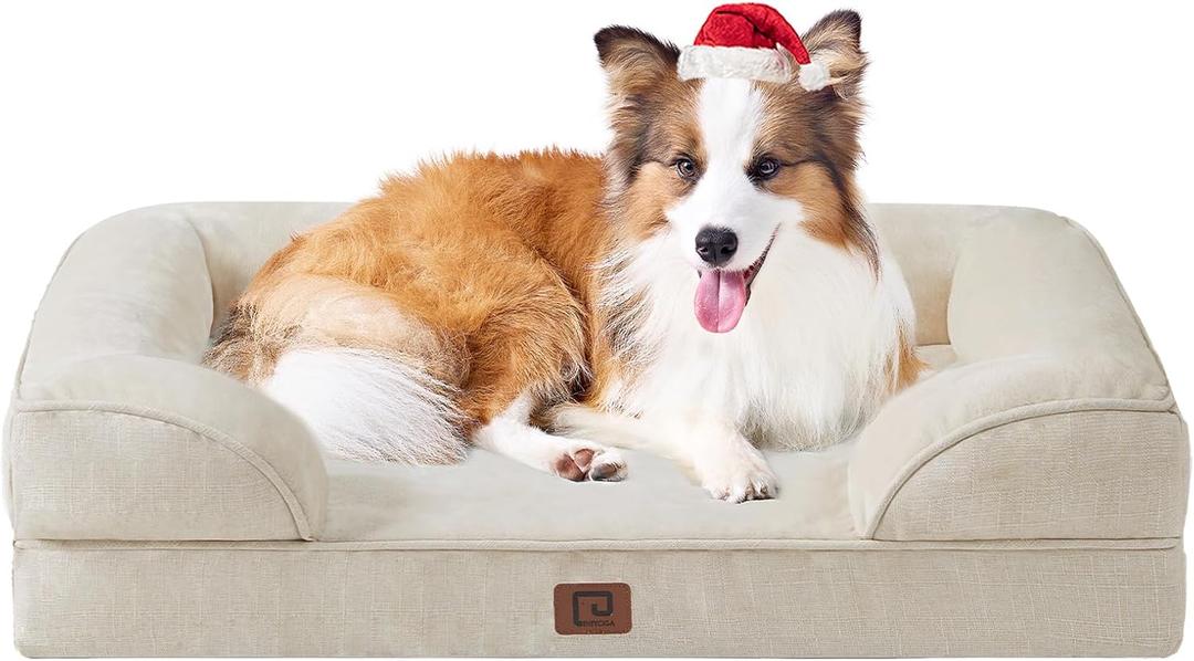 EHEYCIGA Orthopedic Dog Beds for Large Dogs, Waterproof Memory Foam Large Dog Bed with Sides, Non-Slip Bottom and Egg-Crate Foam Pet Couch Bed with Washable Removable Cover, Beige (41.0"L x 27.0"W x 6.5"Th)