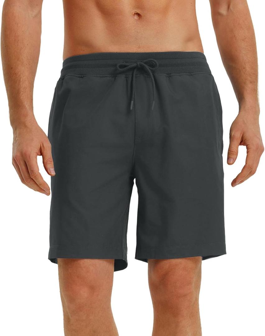 Rouen Mens Athletic Shorts Zipper Pockets Lightweight Quick Dry Drawstring 7/9 Inch Sport Workout Running Golf Gym Shorts Men (Small, Dark Grey-7)