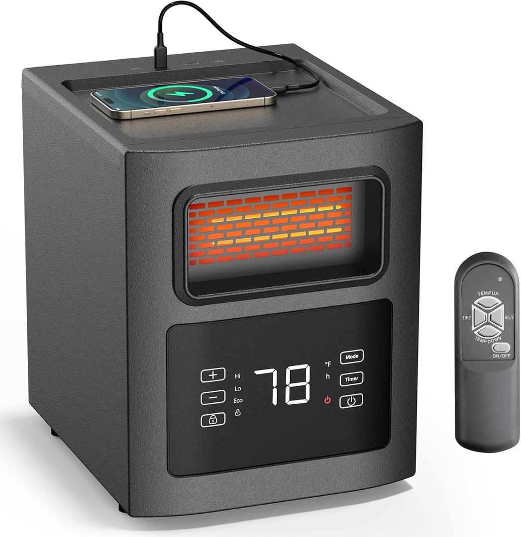 Shinic Infrared Heaters, Energy Efficient Space Heater with Remote Control, 12H Timer, Filter, USB & Type C Charging Ports, Electric Infrared Space Heaters for Indoor Use, 1500W/750W/ECO, Black