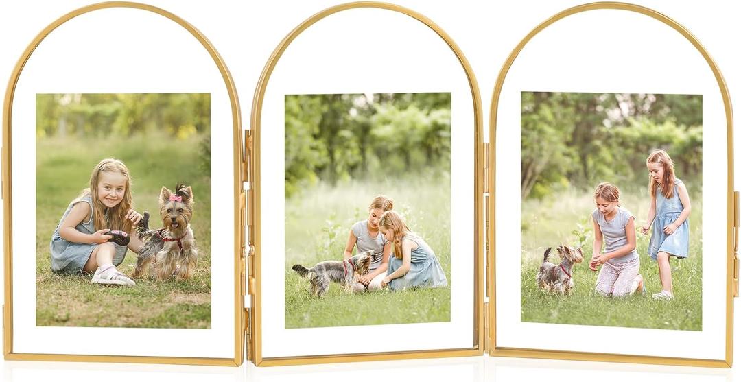 Gold Floating Frame, Arched 4x6 Triple Gold Folding Picture Frames, Vintage Brass Glass Picture Frames for Artwork Photo Tabletop Display