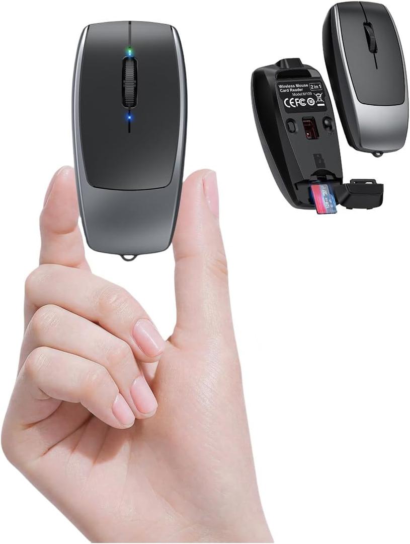 Wireless Mouse Mini Small Finger Bluetooth Mouse with TF Card Reader,Silent Pocket Portable Handheld Tiny Compact USB Travel Optical Mice for PC Laptop Computer MacBook Tablet Kids Women Men Gift (Black)