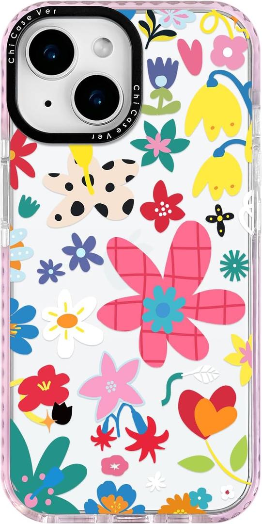 for iPhone 15 Case, Whimsical Floral Collage Pattern, Military-Grade Drop Protection, Cute Soft Slim TPU Protective Cover with Camera Lens Protection for Women & Girls