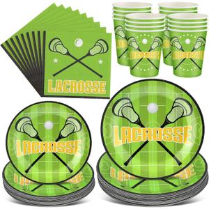 Patelai 175 Pack Lacrosse Party Supplies 25 Set Lacrosse Paper Plates Cups Napkins Disposable Green Outdoor Sport Games Tableware Set for Birthday Party Favors Decorations