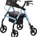 NOVA Vega Rollator Walker - Lightweight 18 lb Folding Mobility Walker, 8” Wheels, Adjustable Height, Hand Brakes, Padded Seat & Backrest, Sky Blue