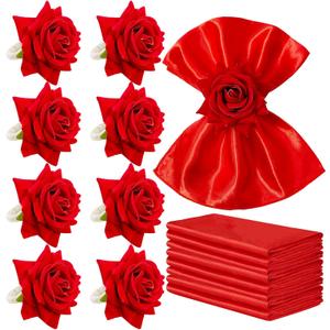 16 PCS Valentine's Day Napkins and Rings Set 8 PCS Red Cloth Napkins & 8 PCS Artificial Rose Napkin Rings Wedding Napkin Ring Holders Romantic Table Decor for Valentine's Day Anniversary Dinner Party
