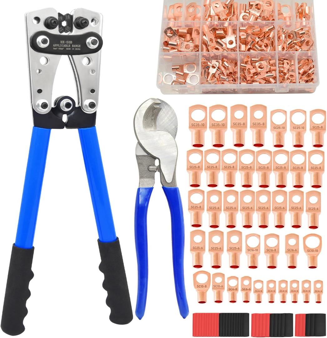 Cable Lug Crimping Tool with 200Pcs Copper Wire Lugs, Battery Cable Lug Crimping Tool Kit for AWG 10-1/0, with Cable Cutter, 220Pcs Heat Shrink Tubing,Battery Terminal Crimper Tool