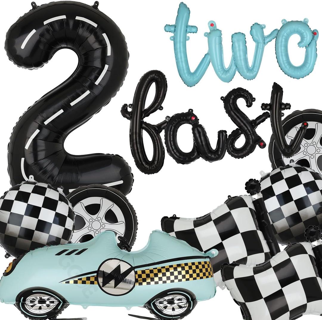 Two Fast Birthday Decorations 40 Inch Racetrack Number Balloons 2 Black Two Fast Letter Banner Balloon 2nd Racing Vintage Race Car Racing Theme Birthday Party Decor Set Black Blue