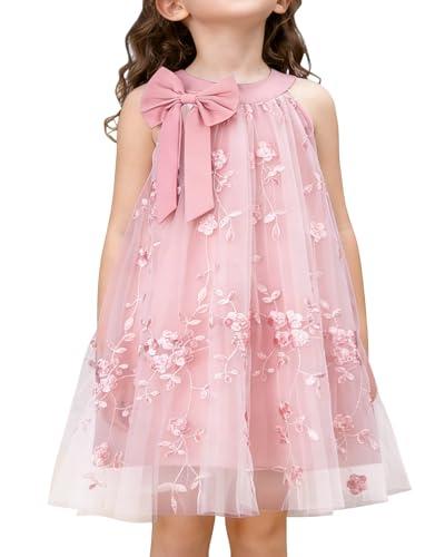 YALLET 4T 5T Holiday Girls Dresses Halter Neck Sleeveless Pageant Gown Embroidery Tulle Girls Party Dress for Valentine's Day Easter Wedding Party Homecoming Birthday Special Occasion(Pink,4-5T)