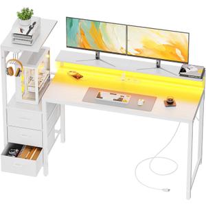 HLDIRECT 60 Inch Gaming Desk with Power Outlets & LED Lights, White