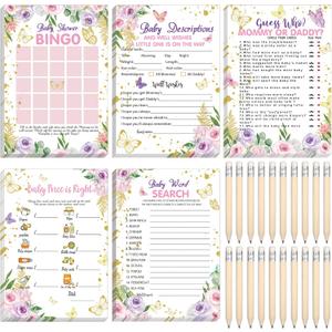 Sinmoe 145 Pcs Butterfly Baby Shower Games Supplies 5 Sets Baby Shower Games Activities Cards with 20 Pcs Funny Pencils Include Descriptions and Wishes, Guess Who, Bingo Play, Word Search
